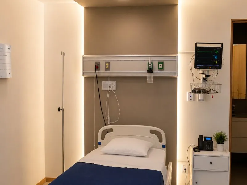 Habitación privada de recuperación con cama hospitalaria y monitor de signos vitales