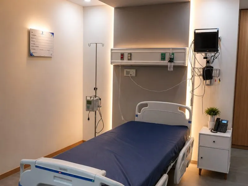 Habitación privada de hospitalización con bomba de infusión y monitor
