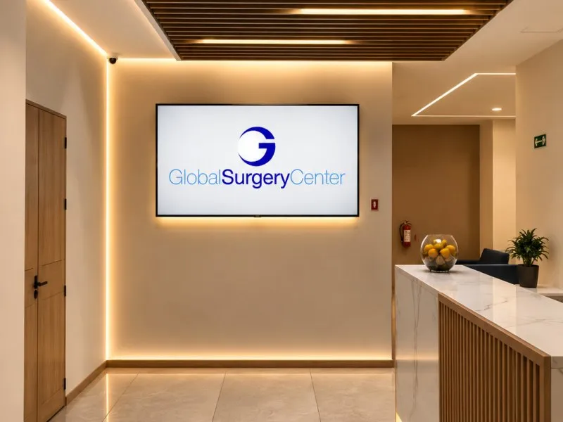 Recepción con el logotipo de Global Surgery Center en pantalla y mostrador de mármol